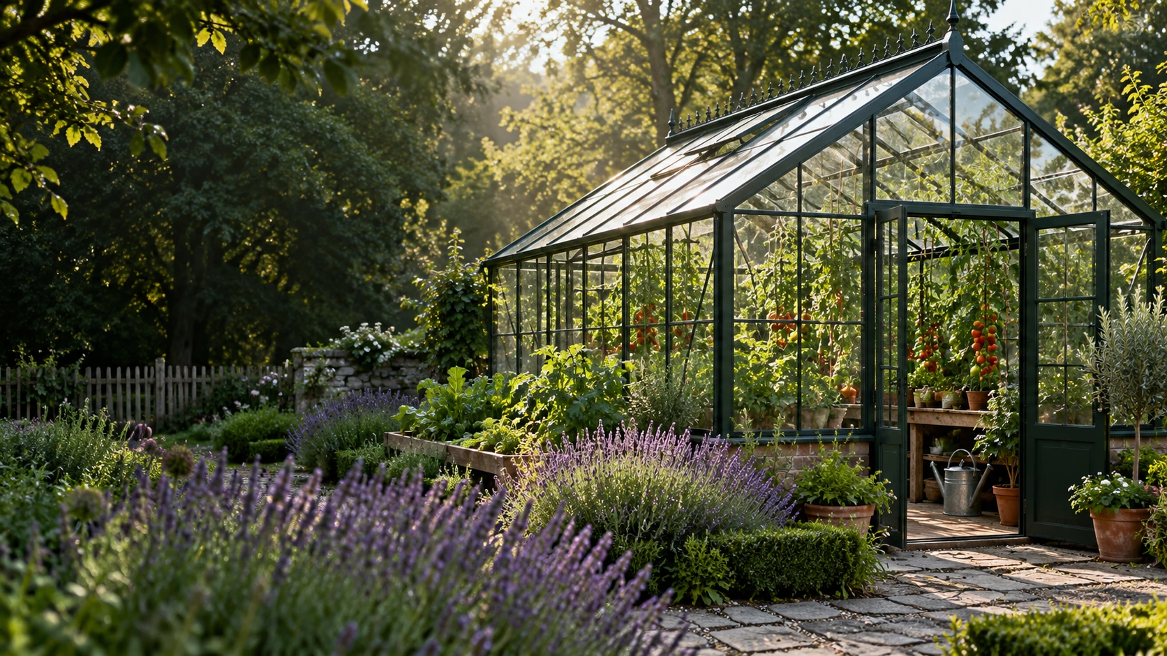 Grünes Glasgewächshaus im bepflanzten Garten